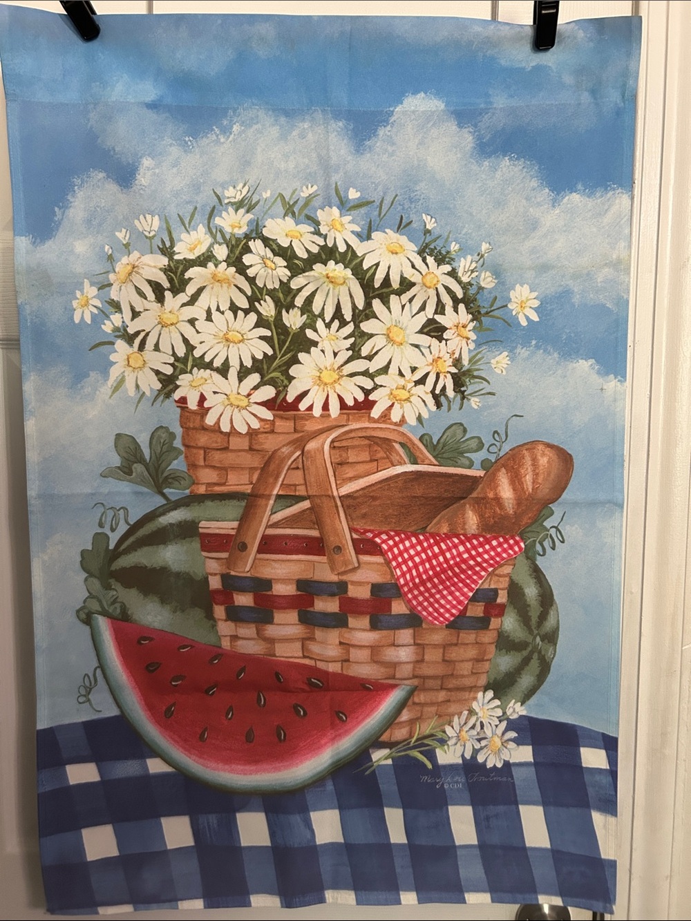 Summer Picnic Basket Flag with Daisies and Watermelon